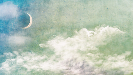 月夜に雲の和風背景イラスト・箔入り和紙テクスチャの空にパールホワイトの三日月グリーン系