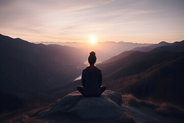 Fototapeta na wymiar Unrecognizable woman practicing yoga on a serene mountaintop with a breathtaking sunset in the background in a peaceful and mindful moment,