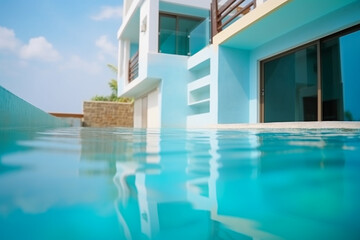 View from the pool above the water level, Clear water of pure blue color, In the background a blurry view of a two-story villa, The concept of tropical villas for relaxation