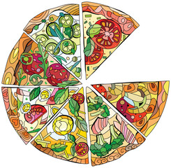 Set of slices of pizza, decorative zentangle vector illustration