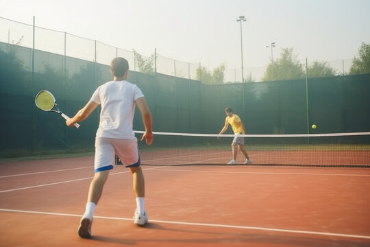 Young man playing tennis with his friend they are having fun and vying every moment rear view