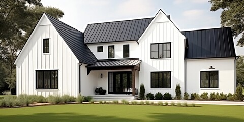 A brand new, white contemporary farmhouse with a dark shingled roof and black windows is seen in OAK PARK, IL, USA, on August 17, 2020. Generative AI technology - obrazy, fototapety, plakaty