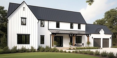 A brand new, white contemporary farmhouse with a dark shingled roof and black windows is seen in OAK PARK, IL, USA, on August 17, 2020. generative ai.