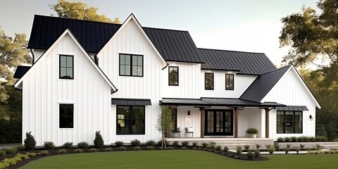 A brand new, white contemporary farmhouse with a dark shingled roof and black windows is seen in OAK PARK, IL, USA, on August 17, 2020. AI generative. - obrazy, fototapety, plakaty