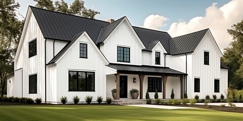 A brand new, white contemporary farmhouse with a dark shingled roof and black windows is seen in OAK PARK, IL, USA, on August 17, 2020. Generative AI technology. - obrazy, fototapety, plakaty