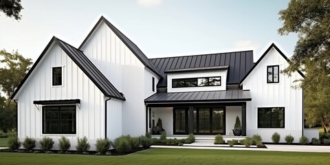 A brand new, white contemporary farmhouse with a dark shingled roof and black windows is seen in OAK PARK, IL, USA, on August 17, 2020. Generative AI - obrazy, fototapety, plakaty