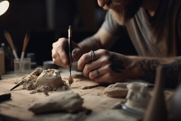 Fototapeta na wymiar Unrecognizable man engaged in a creative hobby such as sculpting showcasing artistic skills and inspiration in a studio or workshop setting,