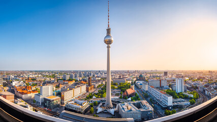 wide angle view at the city center of berlin during sunset