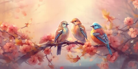 Three beautiful birds sitting on a tree branch with flowers, background with copy space