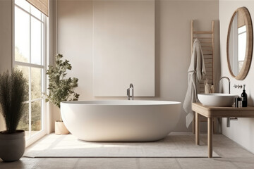 Naklejka na ściany i meble Immerse yourself in pure luxury with this stunning bathroom showcasing a sleek tub and elegant sink. AI Generative.