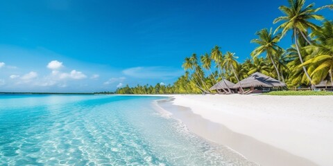 Maldives beach with palm trees and bungalows