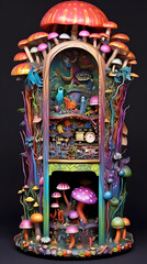 detailed and lifelike, a psychedelic cryptid 1970's jukebox with intricately detailed magic mushroom caps and shoal frogs