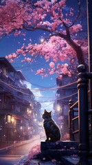 cat on street near cherry blossoms wallpaper Generative Ai