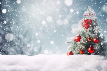 Beautiful Festive Christmas snowy background. Christmas tree decorated with red balls and knitted toys in the forest in snowdrifts