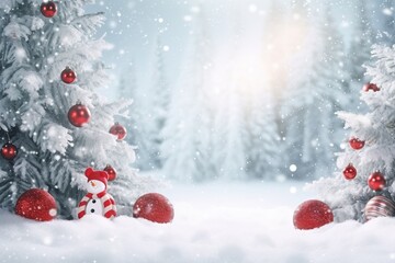 Naklejka na ściany i meble Beautiful Festive Christmas snowy background. Christmas tree decorated with red balls and knitted toys in the forest in snowdrifts