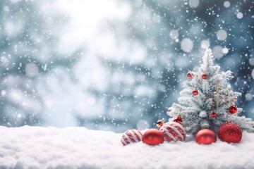 Naklejka na ściany i meble Beautiful Festive Christmas snowy background. Christmas tree decorated with red balls and knitted toys in the forest in snowdrifts
