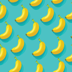 Seamless summer pattern. Bright pattern with juicy yellow bananas on blue background. Vector illustration for articles 