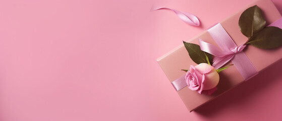 Valentine's Day and Mother's Day design concept background with pink flower and gift on pink background,  copy space on left
