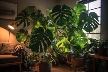 monstera plant in a well lit living room