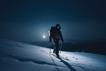 Fototapeta na wymiar unrecognizable Brave mountaineer hiking in the night in winter,