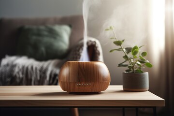 an essential oil diffuser on a table in a living room, an aromatherapy landing page, relax