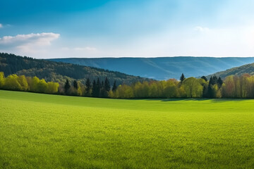 Fototapeta premium Colorful landscape with green grass, blue sky and mountains created with Generative AI technology