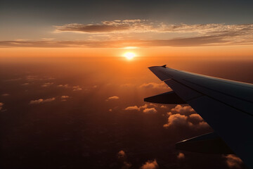 view from airplane in flight with sunset