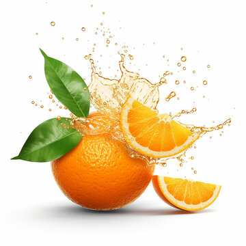 Orange and orange slices with leaves and water juice drops on white background for advertising created with Generative AI technology