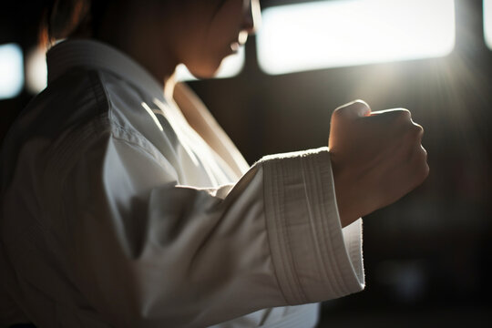 Unrecognizable woman practicing martial arts or self-defense techniques showing strength and determination,