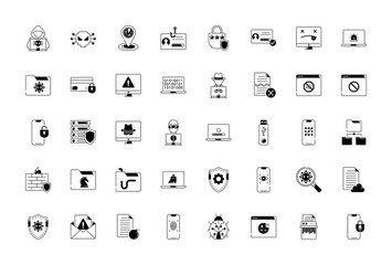 Vector set of internet security line icons. Contains icons digital lock, cyber security, password, smart home, computer security, electronic key, fingerprint and more. 
