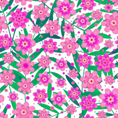 Abstract simple floral background. Decorative pink flowers with green leaves. Seamless vector pattern.