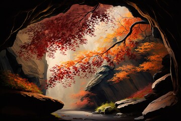 Fototapeta premium Beautiful autumn landscape in the cave with red and yellow leaves