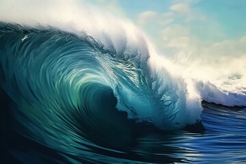 Digital painting of inside a beautiful cresting wave, inside ocean wave barrel, glassy ocean wave art