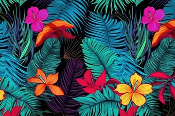 The design features modern palm leaves and flowers on black. (Illustration, Generative AI)