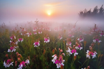 Obraz na płótnie Canvas meadow of pink wildflowers in morning fog