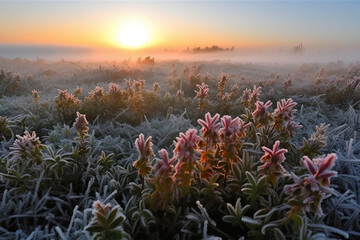 meadow of red wildflowers covered in frost in morning fog