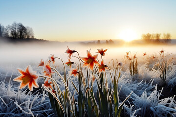 meadow of red wildflowers covered in frost in morning fog