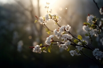 branches of blossoming cherry tree in morning sunlight