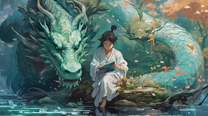 Foto op Plexiglas Sprookjesbos painting illustration style, an Japanese girl sitting with dragon in forest, fairytale artwork, Generative Ai