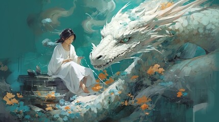painting illustration style, an Japanese girl sitting with dragon in forest, fairytale artwork, Generative Ai © QuietWord