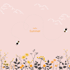 Little bees happy on summertime for greeting card,surface design,banner,print,textile or kid product