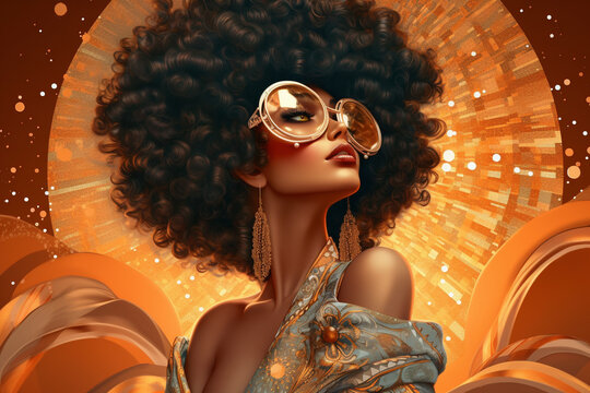 Glamorous woman with afro flair and futuristic glasses, surrounded by art deco-inspired details and vibrant light rays, Generative AI 