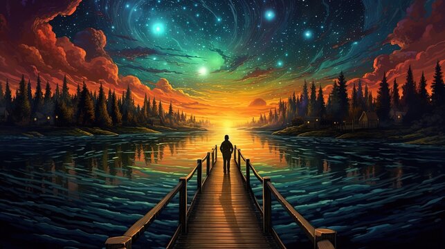 illustration of a man or woman standing on wooden dock way path at riverside under starry night sky , Generative Ai