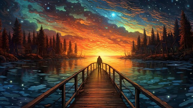 illustration of a man or woman standing on wooden dock way path at riverside under starry night sky , Generative Ai
