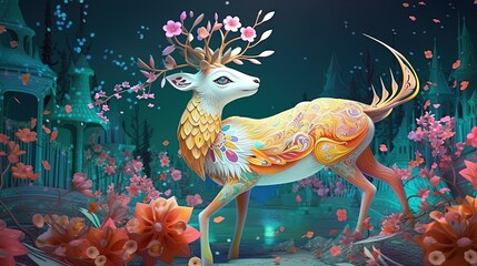 illustration ambient fantasy, a stag with flower blossom antler in enchanted forest, Generative Ai
