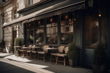 Terrace café with a vintage style storefront showcasing fashion. Generative AI
