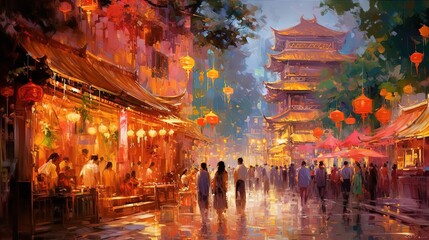illustration of crowd of people at ancient Chinese night market street, idea for home wall decor picture, Generative Ai