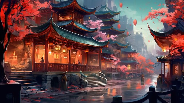 illustration of ancient Chinese old town at riverside, idea for home wall decor, Generative Ai
