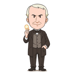 Cartoon character of Thomas Edison holding a light bulb