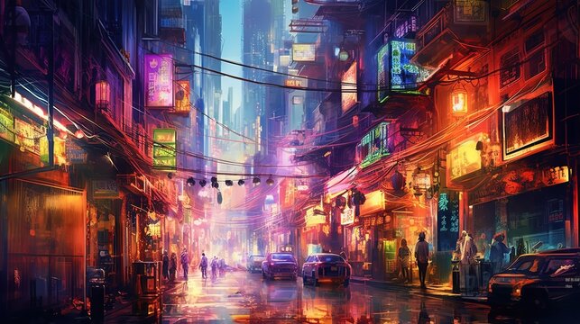 illustration of Chinatown in night time, idea for beautiful home wall decor, Generative Ai